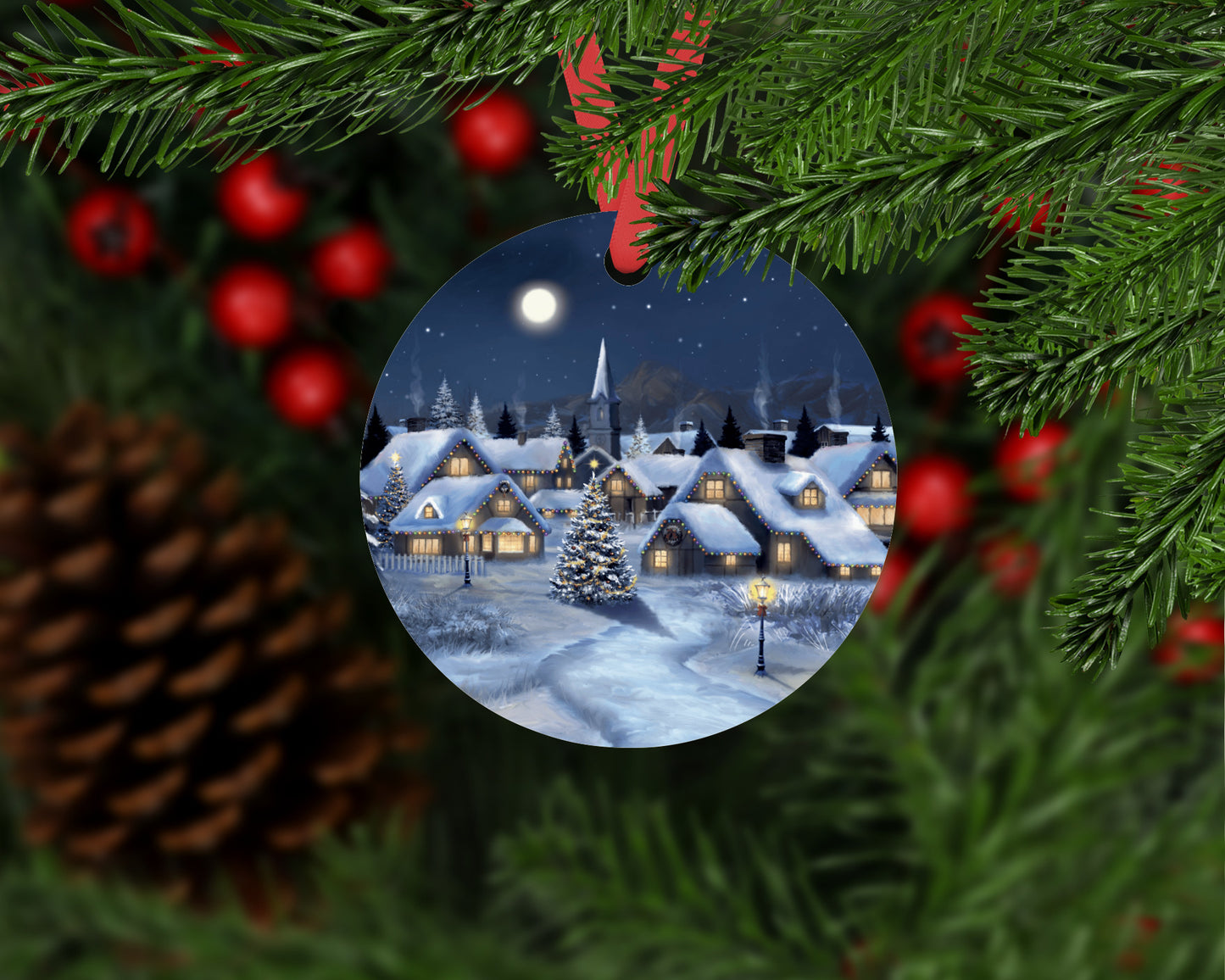 Christmas Village Metal Round Christmas Ornament