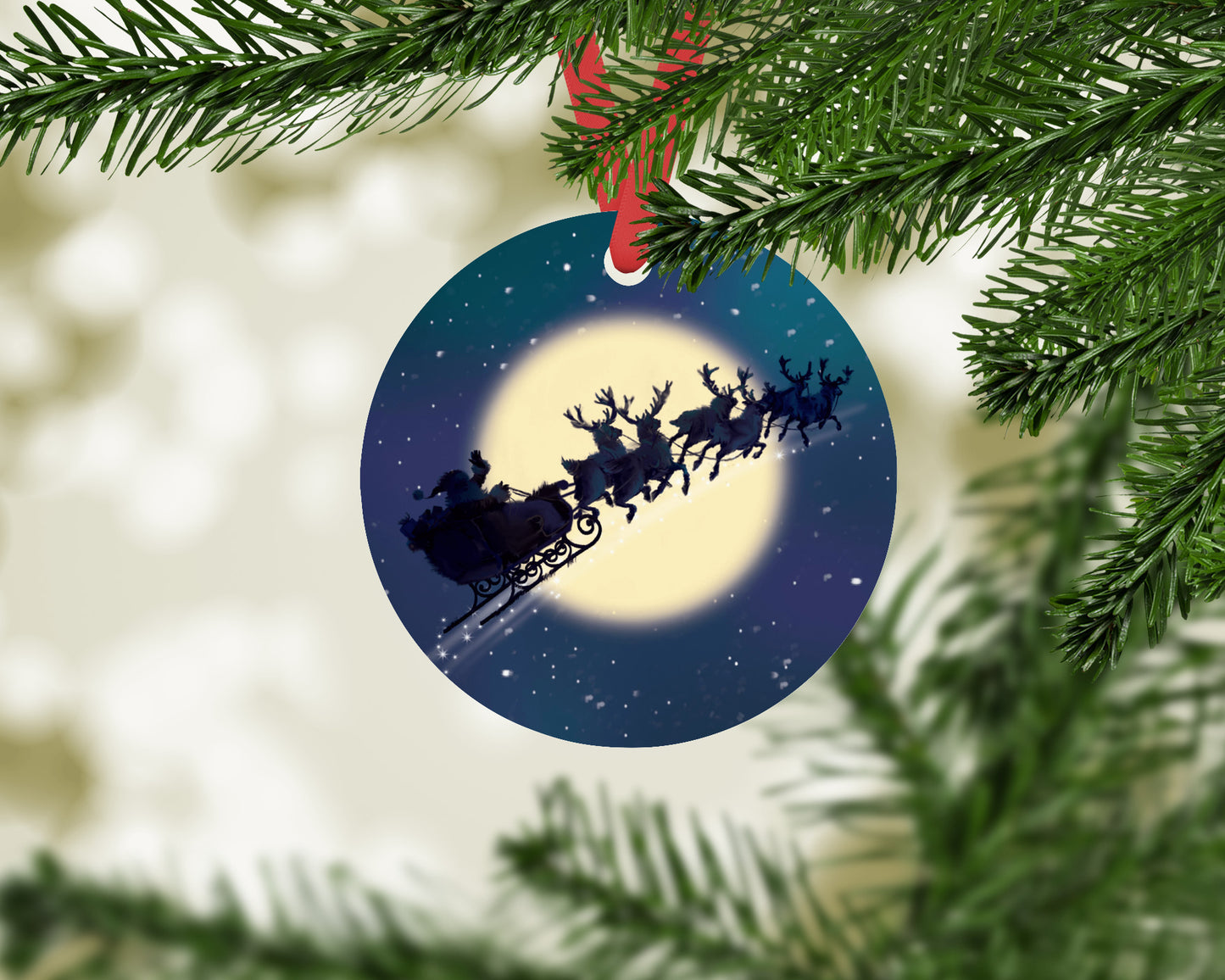 Santa's Sleigh in the Moonlight - Round Metal Christmas Ornament