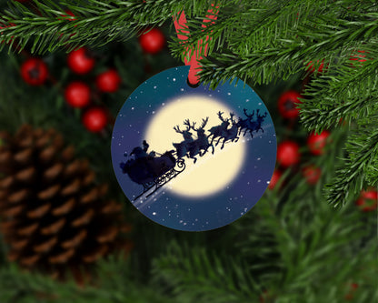 Santa's Sleigh in the Moonlight - Round Metal Christmas Ornament