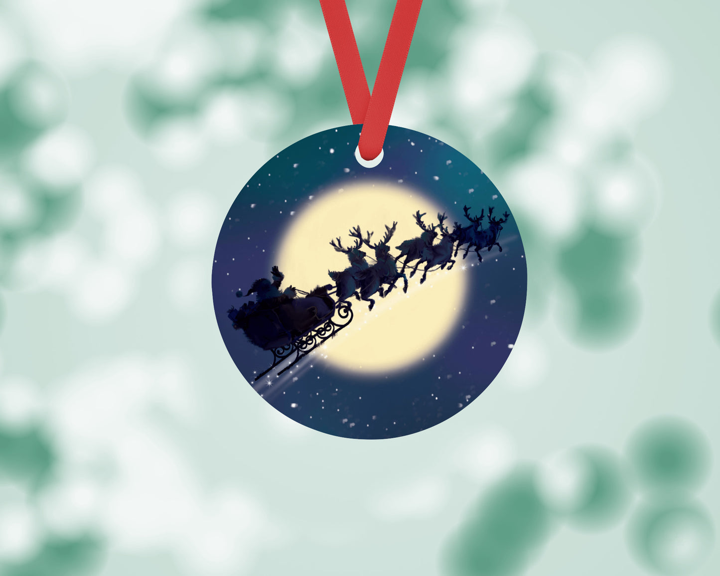 Santa's Sleigh in the Moonlight - Round Metal Christmas Ornament