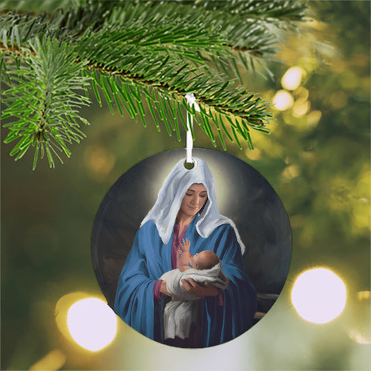 Mary Holding the Christ-child Ceramic Christmas Ornament with Art by Simon Treadwell