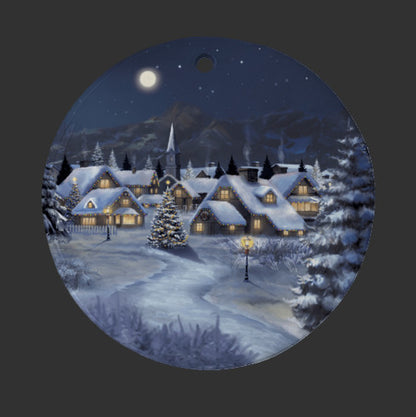 Christmas Village at Midnight Ceramic Christmas Ornament with Art by Simon Treadwell