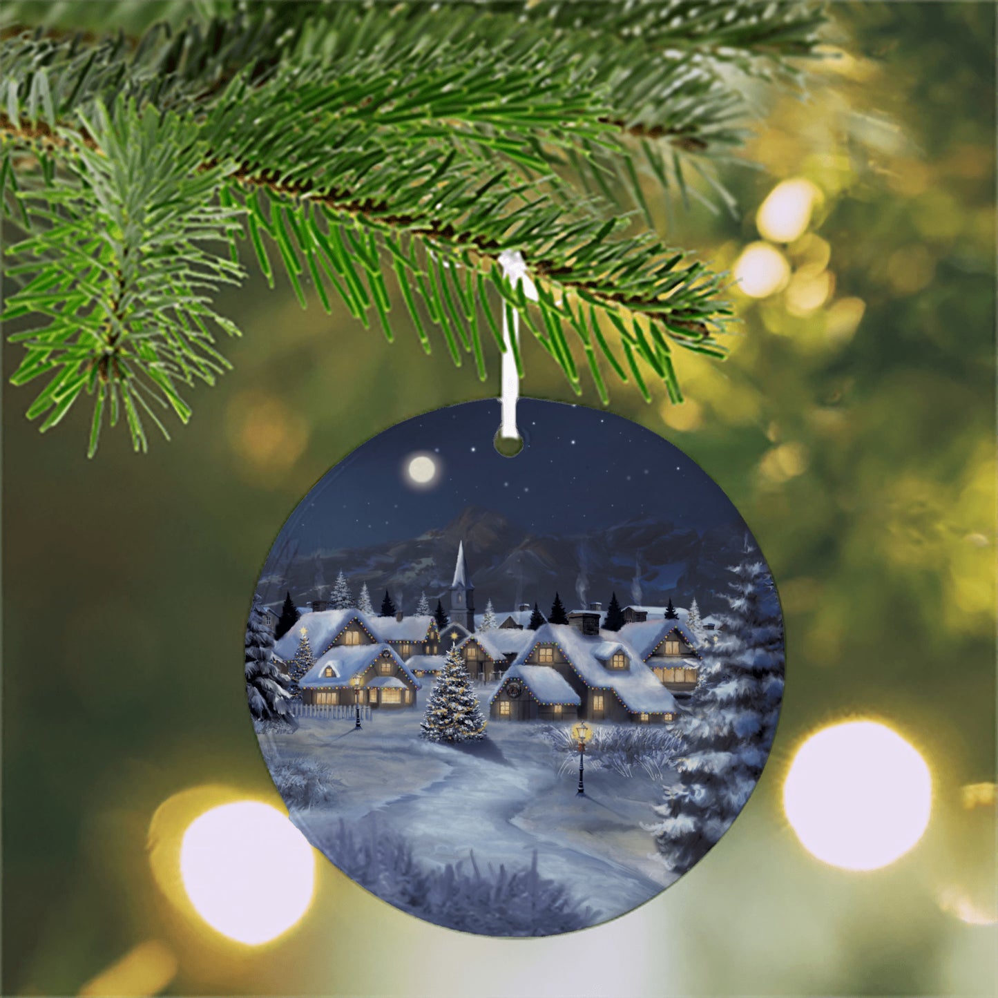 Christmas Village at Midnight Ceramic Christmas Ornament with Art by Simon Treadwell