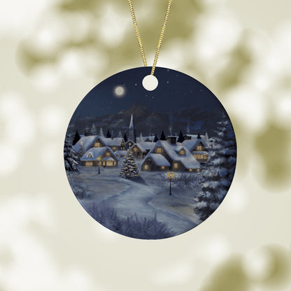 Christmas Village at Midnight Ceramic Christmas Ornament with Art by Simon Treadwell