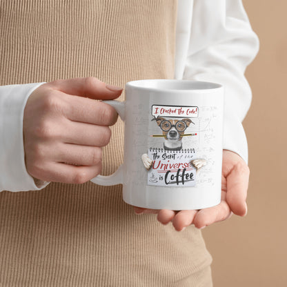 I Cracked The Code: Secret Of The Universe is Coffee - Funny Coffee Mug with cute dog wearing glasses