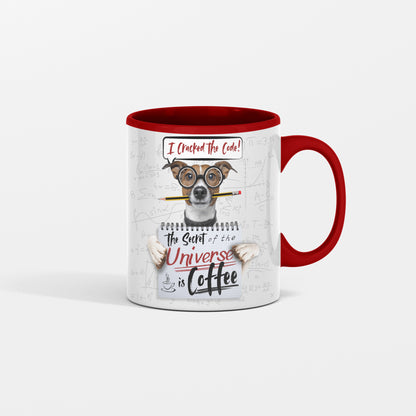 I Cracked The Code: Secret Of The Universe is Coffee - Funny Coffee Mug with cute dog wearing glasses