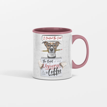 I Cracked The Code: Secret Of The Universe is Coffee - Funny Coffee Mug with cute dog wearing glasses