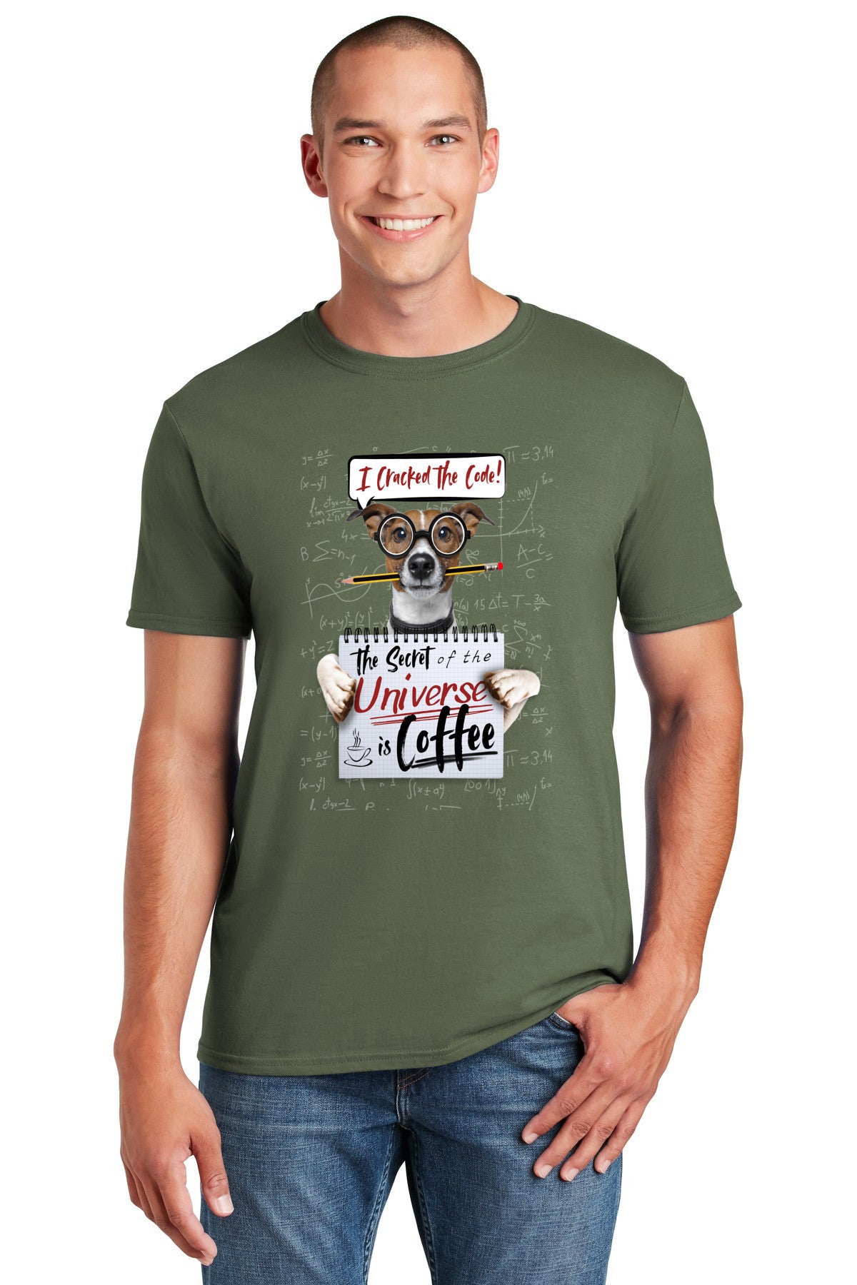 I Cracked The Code: Secret Of The Universe is Coffee - Funny T-Shirt with cute dog wearing glasses