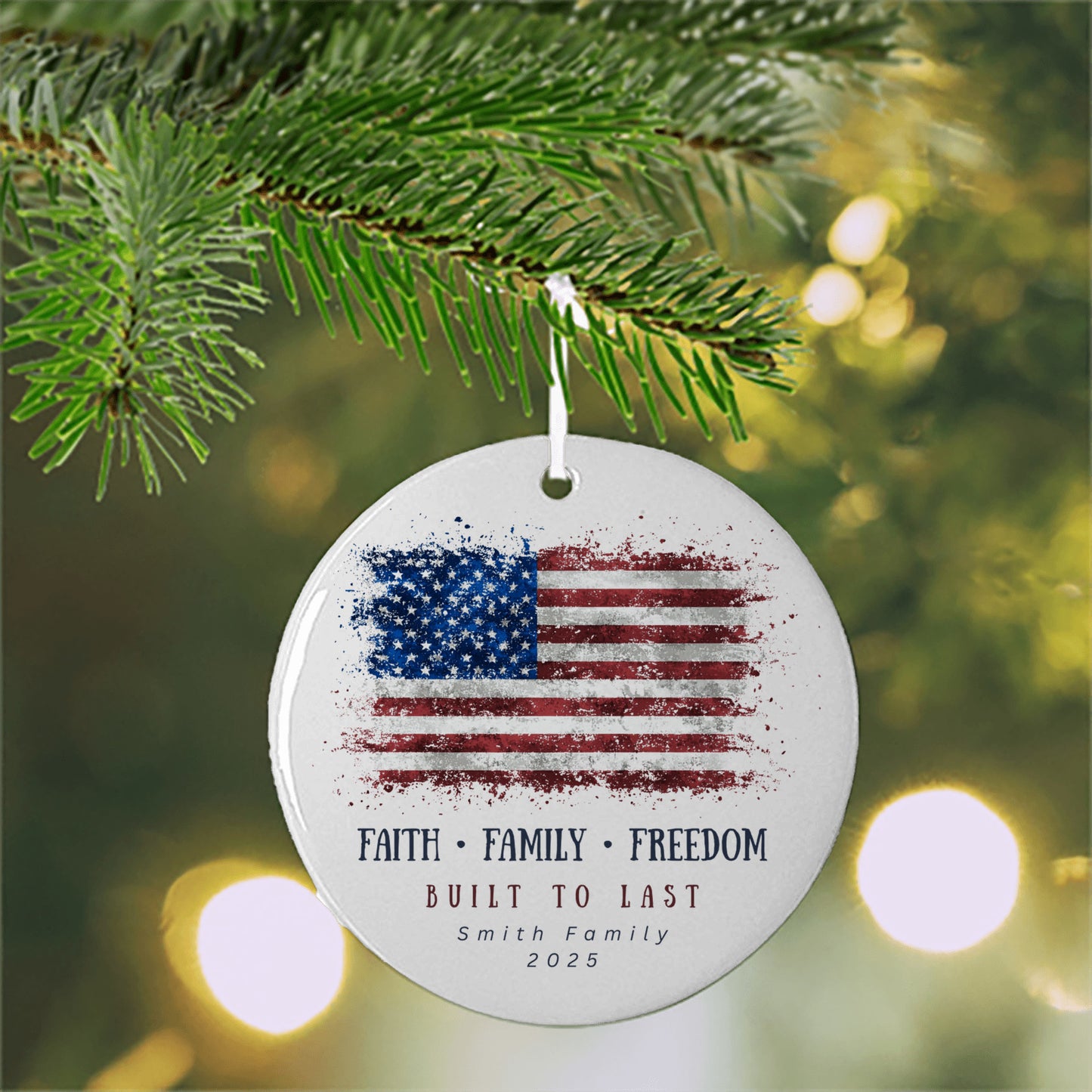 Personalized American Flag Christmas Ornament – Faith Family Freedom Edition - Add Any Family Name
