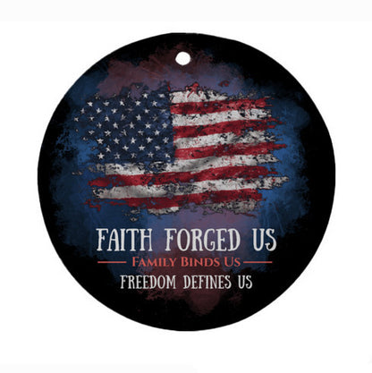 Faith Forged Us Patriotic Christmas Ornament - Black